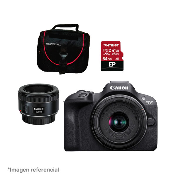 Combo Canon EOS R100 RF-S 18-55mm IS TM + Lente 50mm + Memoria 64GB + Maletín